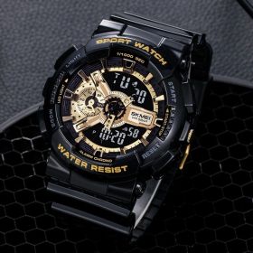 Classic Black Gold Sports Fashion Double Display Student Electronic Watch Teenagers Boys And Girls Watch (Color: Black Gold)