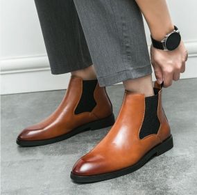 Men's elastic cut Chelsea boots Business dress leather boots men's English high top men's boots (Color: Brown, size: 43)