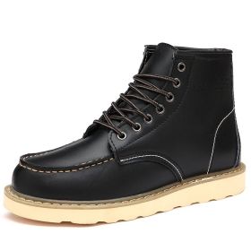 Autumn and winter men's cashmere plus large size two layer cowhide Martin boots fashion trend comfortable warm men's ankle boots (Color: Black fleece, size: 38)