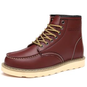 Autumn and winter men's cashmere plus large size two layer cowhide Martin boots fashion trend comfortable warm men's ankle boots (Color: Wine red with velvet, size: 39)